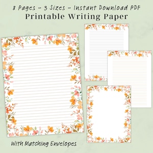 Juego de papel floral para escribir, imprimible, con y sin rayas (PDF, con sobres, tamaño carta A4/A5, páginas rayadas adicionales)