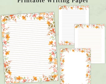 Floral Writing Paper Set, Printable Lined & Unlined Stationery, Digital PDF, US Letter A4 A5