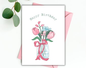 Tulip Birthday Card Printable, Floral Birthday Card For Her, Happy Birthday Greeting Card, Digital DIY Card Envelope, Instant Download PDF