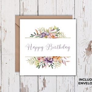 Carte d'anniversaire pour elle avec enveloppe, carte aquarelle florale imprimable, PDF numérique, 5 x 5