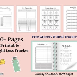 Afdrukbaar dagboek Gewichtsverlies Tracker, digitale fitnessplanner voor gewichtsverlies, sjabloon maaltijdplanner, boodschappenlijstje, Instant Download pdf