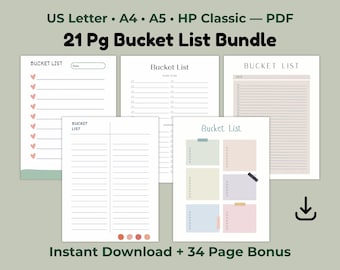 Bucket List Bundle Printable, Life Goals Planner, Goal Tracker, US Letter A4 A5 HP Classic