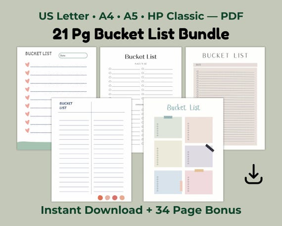 Bucket List Bundle Printable, Life Goals Planner, Goal Tracker, US Letter A4 A5 HP Classic