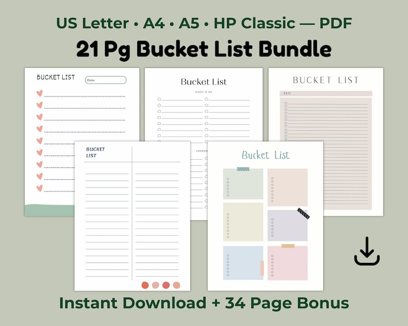 Five bucket list planner pages displayed on a sage green background showing different list layouts including lined lists checkboxes and colorful note boxes.
