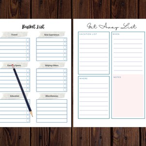 Bucket list and getaway list pages shown side by side on a wooden desk with a pencil, highlighting planning layouts for goals, travel, and notes.
