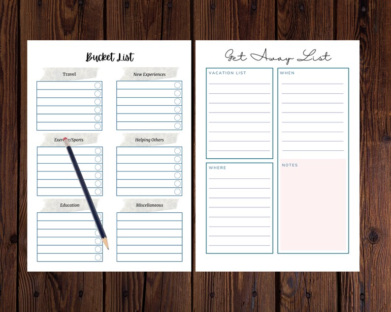 Bucket list and getaway list pages shown side by side on a wooden desk with a pencil, highlighting planning layouts for goals, travel, and notes.