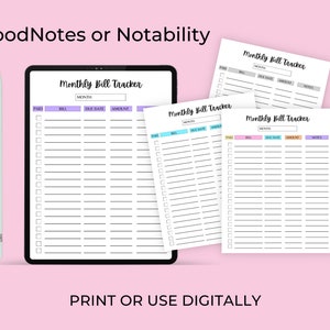 Monthly bill tracker pages displayed on a tablet with several matching printed sheets, shown on a pink background with an electronic stylus placed beside the tablet.