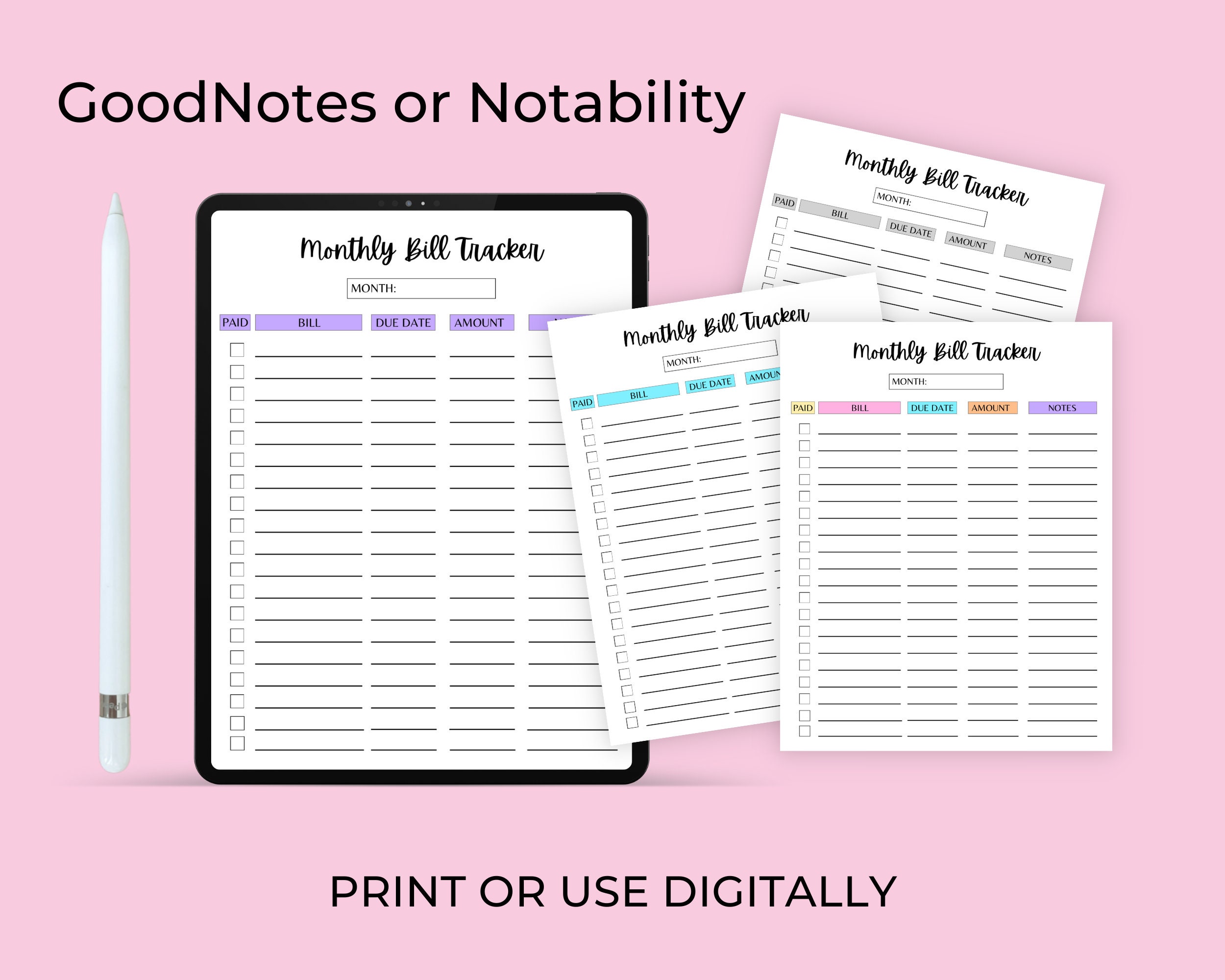Monthly Bill Tracker With Notes, Budget Planner, Digital PDF, US Letter ...