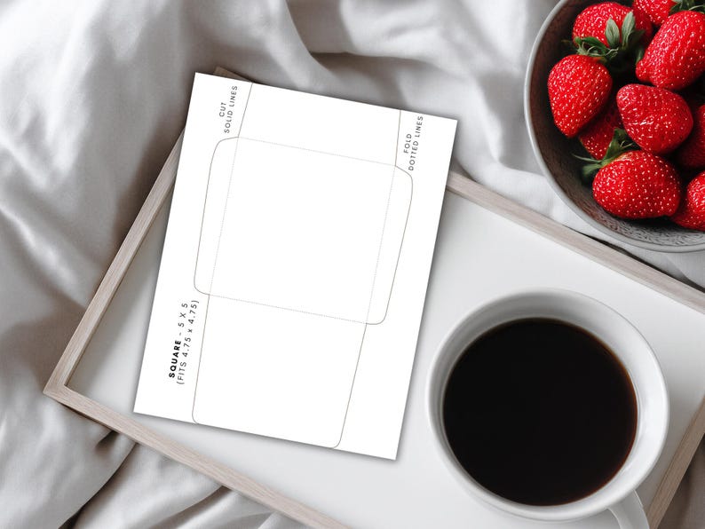 Square 5x5 envelope template shown on a tray beside a cup of coffee and a bowl of strawberries, with cut and fold lines visible on the page.