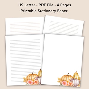 Peut inclure: Quatre feuilles de papier à lettres imprimable au format US Letter dans un fichier PDF. Les pages présentent des lignes horizontales et une illustration à l'aquarelle en bas avec des citrouilles, des courges et des fleurs aux tons orange, jaune et violet.