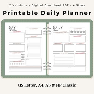Planificador diario, imprimible, lista de tareas, plantilla de productividad, tamaño carta A4/A5, descarga instantánea en PDF.
