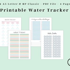 Peut inclure: Quatre pages de suivi de l'eau imprimables au format PDF. Les pages présentent différents designs, notamment une grille avec des cases pour marquer la consommation d'eau, une grille de défi de 30 jours pour l'eau et une page avec des rangées de gouttes d'eau.
