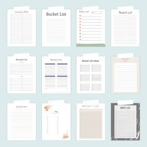 Twelve different bucket list planner page designs arranged in a grid layout on a light blue background, each showing checklist lines and varied decorative styles.