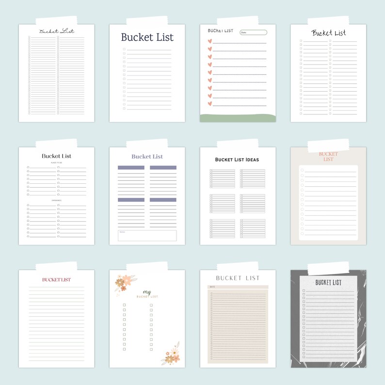 Twelve different bucket list planner page designs arranged in a grid layout on a light blue background, each showing checklist lines and varied decorative styles.
