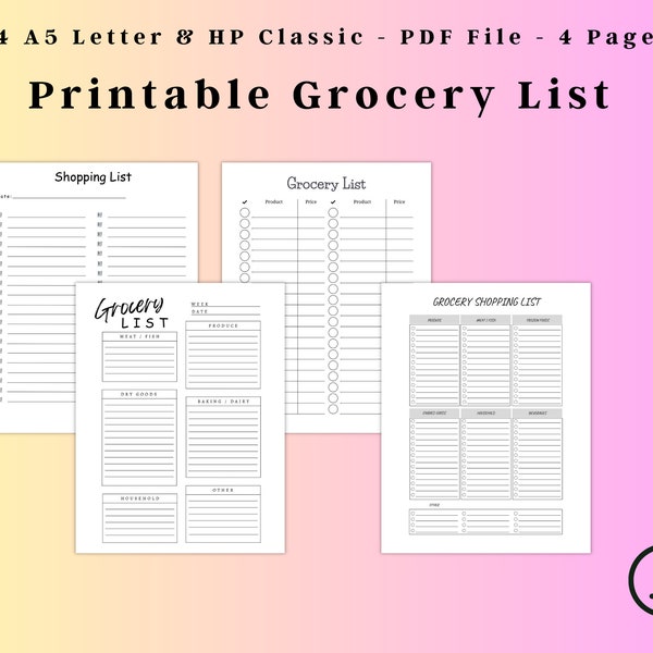 Grocery List Printable Bundle, Digital Grocery Checklist, Grocery Shopping Tracker, Printable Grocery Log Template, Instant Download PDF