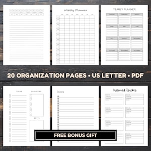 Six monochrome planner pages arranged in two rows on a dark wood background, showing a dated monthly list, a weekly grid, a yearly planner, a to-do layout, a lined notes page, and a password tracker.