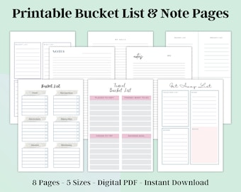 May include: Printable bucket list and note pages in a digital PDF format. The pages are designed with a simple, modern aesthetic and include sections for travel, vacation, and general bucket list items. The pages are perfect for organizing goals, ideas, and plans.