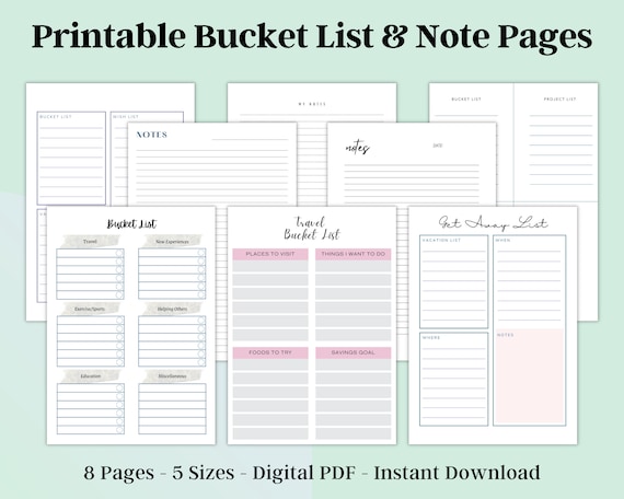 Bucket List Journal, Travel & Life Goals Planner, Digital PDF, US Letter A4 A5 Classic