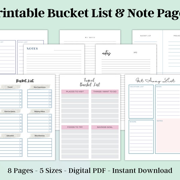 Digital Bucket List, Bucket List Template, Bucket List Printable, Travel Bucket List, Bucket List Minimal, 5 Sizes, Instant Download PDF