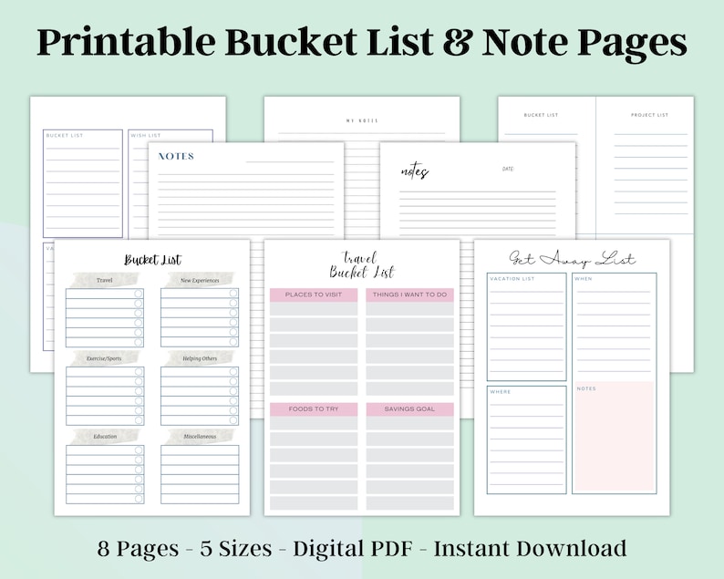 Bucket list and note pages shown as a clean digital planner layout with travel lists, life goals pages, and lined notes.