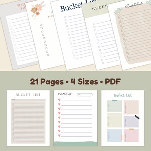 Multiple bucket list planner pages with checklist lines and colorful note sections displayed in a collage layout on a soft green background.