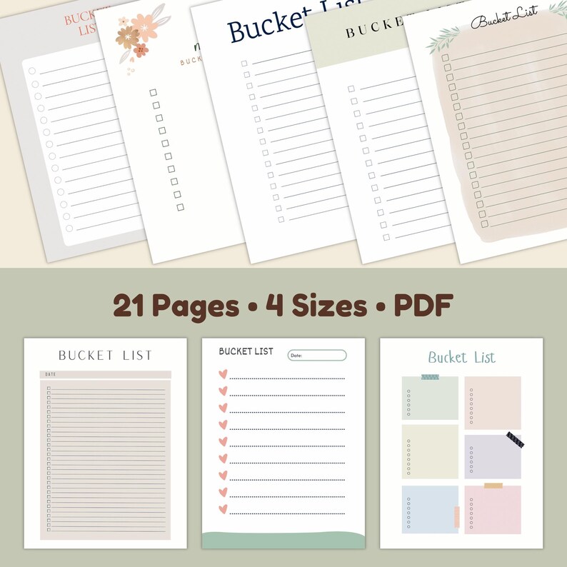 Multiple bucket list planner pages with checklist lines and colorful note sections displayed in a collage layout on a soft green background.