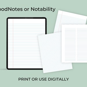 Tablet displaying a lined notebook page with blue and red margins, shown beside three loose lined sheets arranged on a soft green background.
