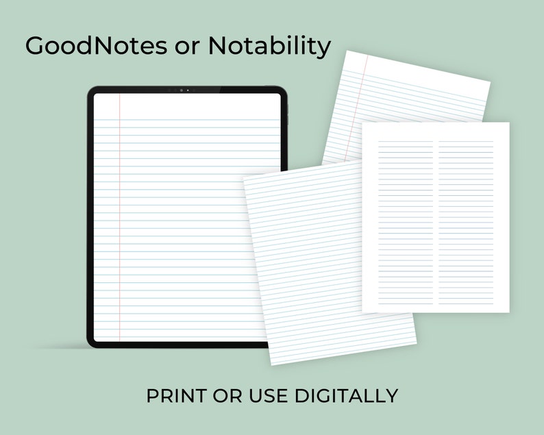 Tablet displaying a lined notebook page with blue and red margins, shown beside three loose lined sheets arranged on a soft green background.
