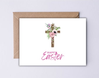 Printable Easter Card Religious Set, Easter Floral Cross Greeting Card, Easter Templates, Christian Happy Easter Card, Download Instant PDF