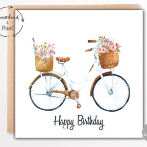 Cartão de aniversário de bicicleta para ela, cartão de aniversário de bicicleta para imprimir, cartão de aniversário digital, cartão de aniversário em aquarela, conjunto de cartões em PDF, download instantâneo