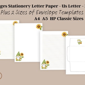 Juego de papelería de gnomos con sobres, papel de carta de girasol imprimible, papel rayado y en blanco (PDF), papelería veraniega adorable para descargar