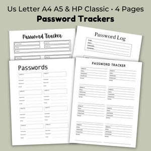 Four black and white password tracker pages displayed side by side with simple layouts featuring labeled sections for website, username, email, password, and notes.