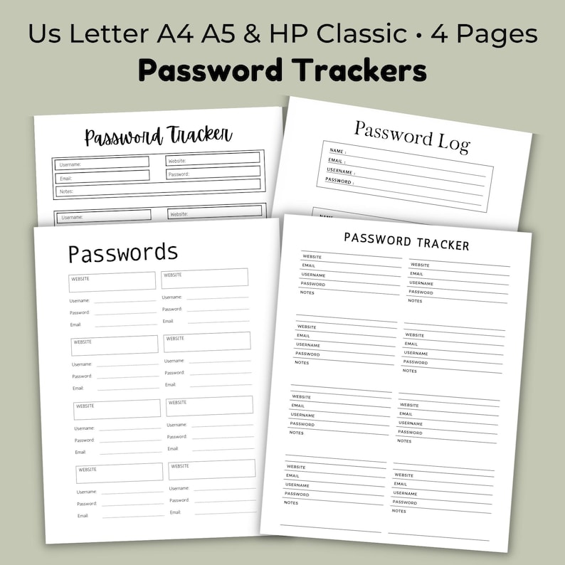 Four black and white password tracker pages displayed side by side with simple layouts featuring labeled sections for website, username, email, password, and notes.