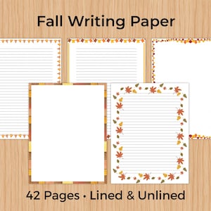 Peut inclure: Un ensemble de cinq feuilles de papier à lettres avec des bordures sur le thème de l'automne, ornées de feuilles, de glands et de fanions. Le lot comprend des feuilles lignées et non lignées, avec le texte Fall Writing Paper et 42 Pages Lined & Unlined.