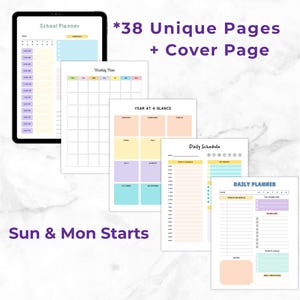 Preview image showing several colorful planning pages layered on a light background, including daily, weekly, and yearly layout designs with pastel sections.