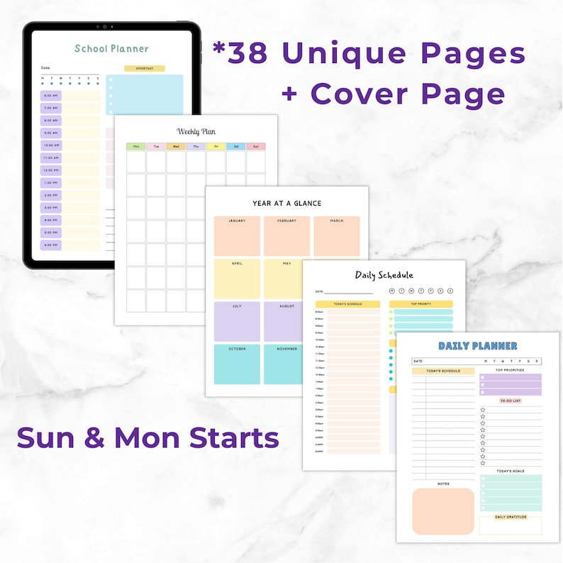Preview image showing several colorful planning pages layered on a light background, including daily, weekly, and yearly layout designs with pastel sections.