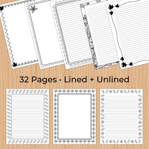 May include: A collection of stationery pages featuring black and white decorative borders with various patterns including leaves, pumpkins, and mushrooms. Some pages are lined and others are unlined. The text 32 Pages Lined + Unlined is visible.