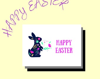 Printable Floral Bunny Easter Card, Easter Bunny Greeting Cards, Card Envelope Templates Set, Happy Easter, Instant Digital Download PDF