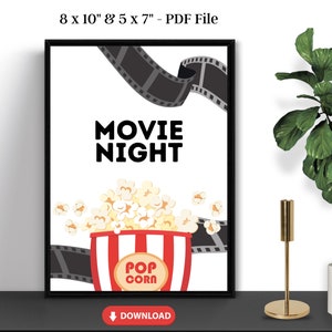 Movie Night Printable, Movie Night Decor, Theater Wall Art, Home Theater Prints, 8 x 10" 5 x 7" Wall Art, Digital Instant Download, PDF File