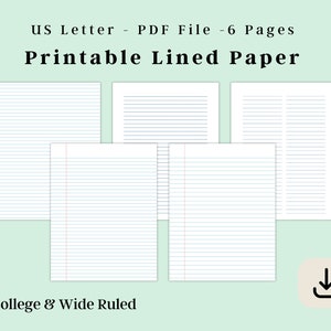 Lined Paper Digital, Lined Paper Template, Lined Writing Note Paper Printable, Lined College & Wide Ruled, US Letter, Instant Download PDF