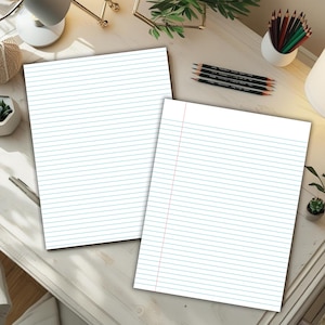 Two blue lined writing paper sheets, one with narrow lines and one with wider lines, displayed on a light desk with pencils, plants, and office items around them.