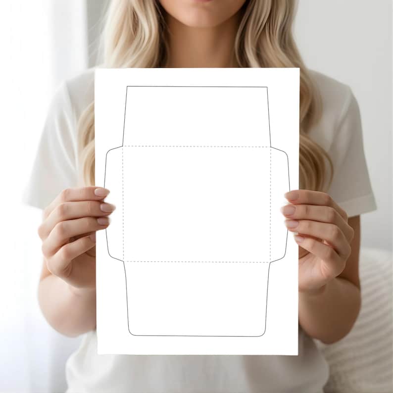 Envelope template sheet held by a woman in front of a bright white background, showing solid cut lines and dotted fold lines.
