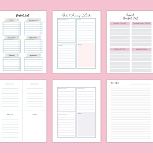 Six pages with different types of bucket lists. The pages are titled "Bucket List", "Get Away List", "Travel Bucket List", "Budget List", "Project List", and "Notes".