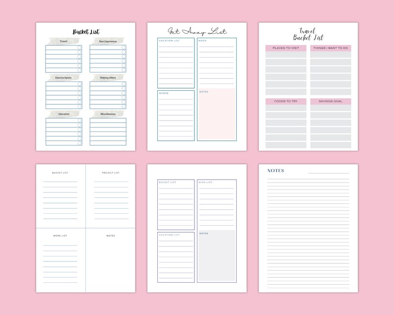 Six pages with different types of bucket lists. The pages are titled "Bucket List", "Get Away List", "Travel Bucket List", "Budget List", "Project List", and "Notes".