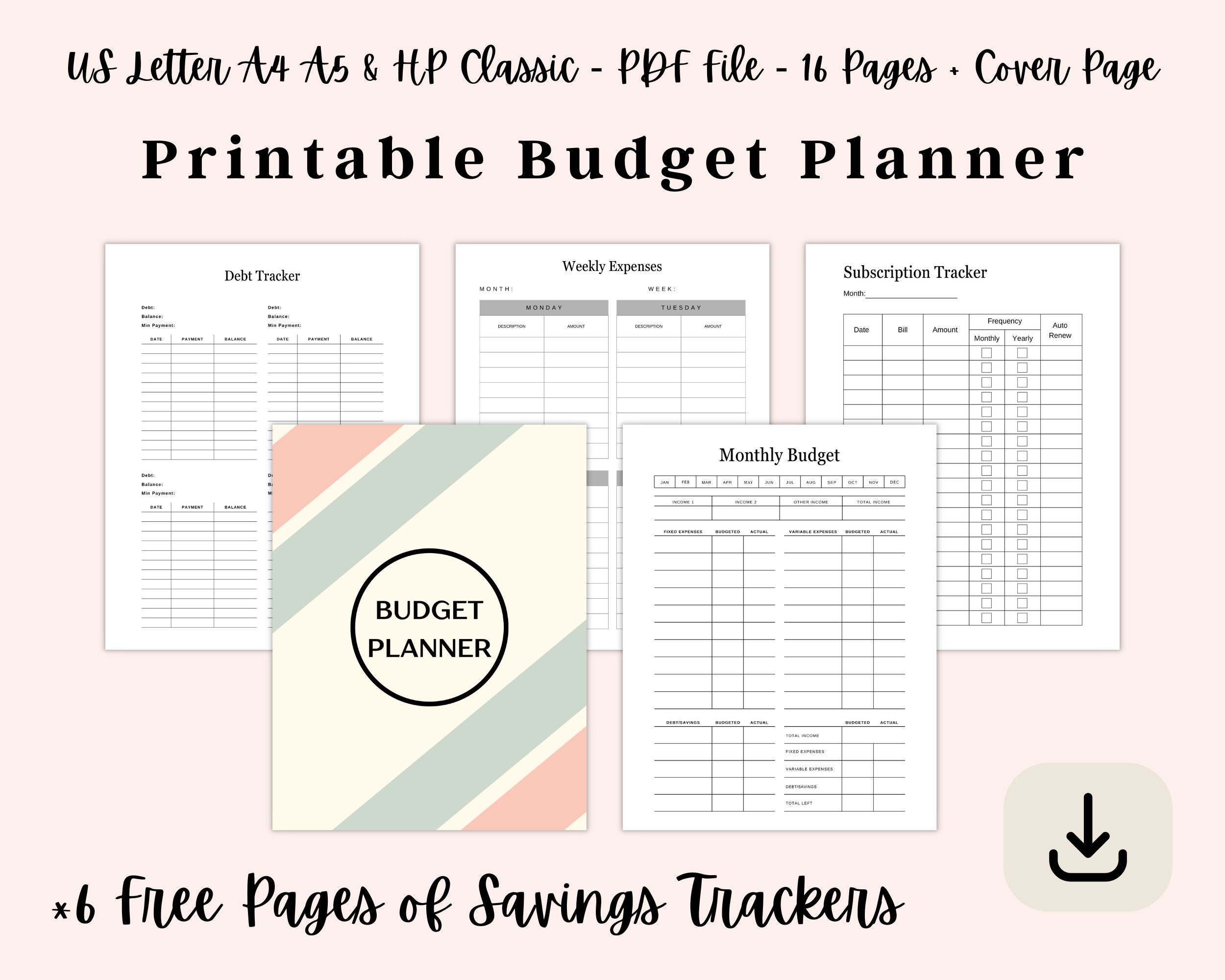 Budget Planner Printable Bundle, Digital Budget Tracker, Bill Checklist, Expense Tracker, Budget Binder, Monthly PDF, Instant Download