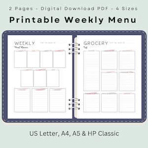 Pode incluir: Planeador de menu semanal imprimível com duas páginas. A página da esquerda tem uma seção para um plano de refeições com os dias da semana etiquetados. A página da direita tem uma lista de compras com categorias para despensa, frutas e vegetais, casa, laticínios, cuidados pessoais e congelados.