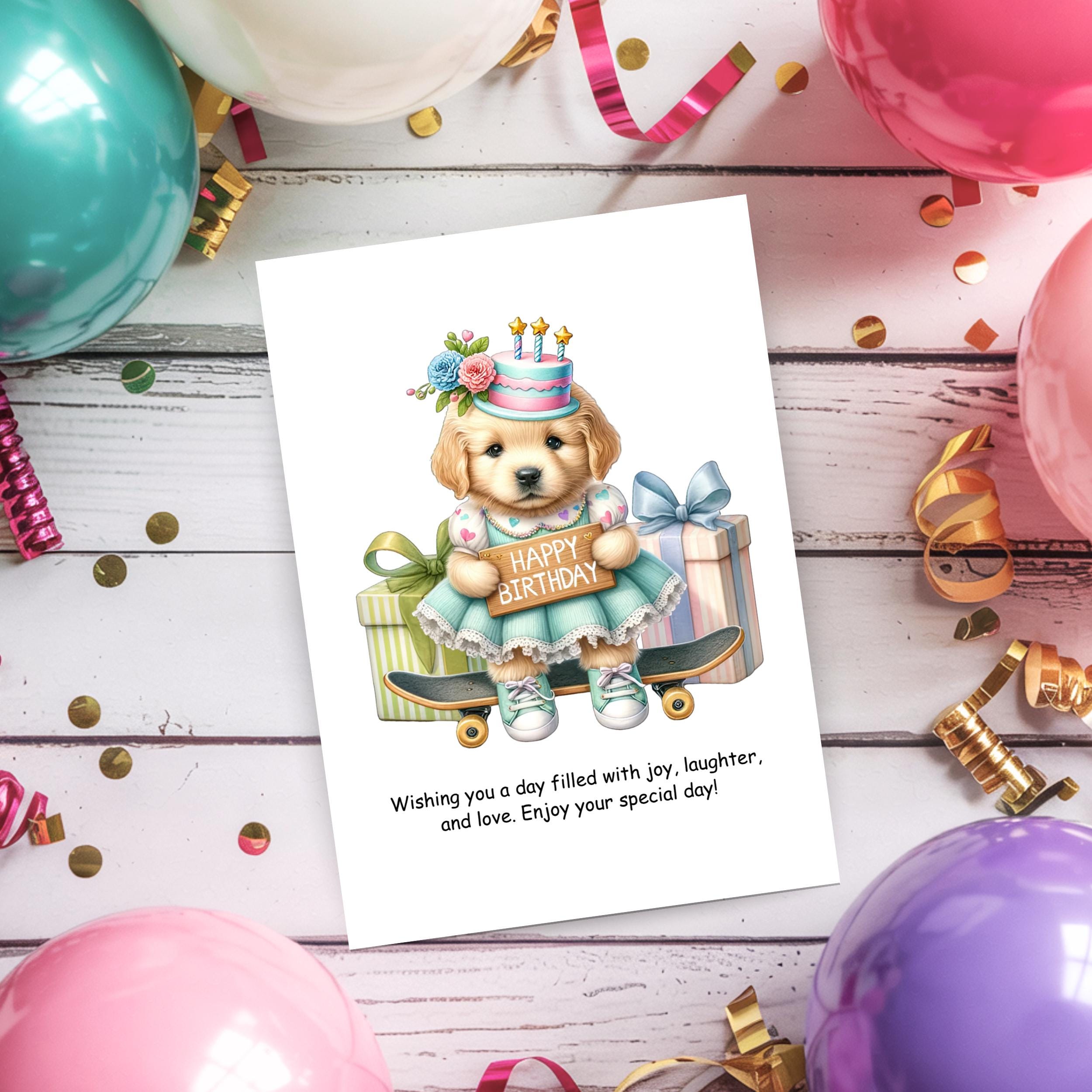Cute Puppy Birthday Card for Girl, Dog Card Printable, Digital PDF, 5x7 ...