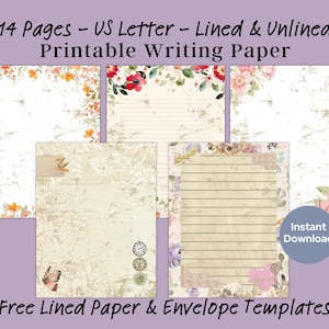 Carta da lettere vintage stampabile, set di cancelleria a righe e senza righe, pagine di diario spazzatura, carta floreale, PDF scaricabile immediatamente