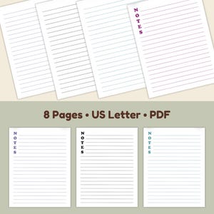 Lined Notes Pages Multicolor, Notebook Paper Printable, Journal Writing, Digital PDF, US Letter
