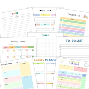 Colorful planning pages arranged in a layered layout, showing notes pages, a birthday chart, checklist pages, a to do list, monthly calendar layout, weekly planner pages, and a savings tracker.